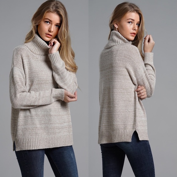 Knit turtleneck sweater charcoal taupe tan - Picture 3 of 4